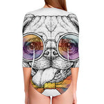 Hipster Pug Print Long Sleeve Swimsuit