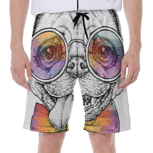 Hipster Pug Print Men's Beach Shorts