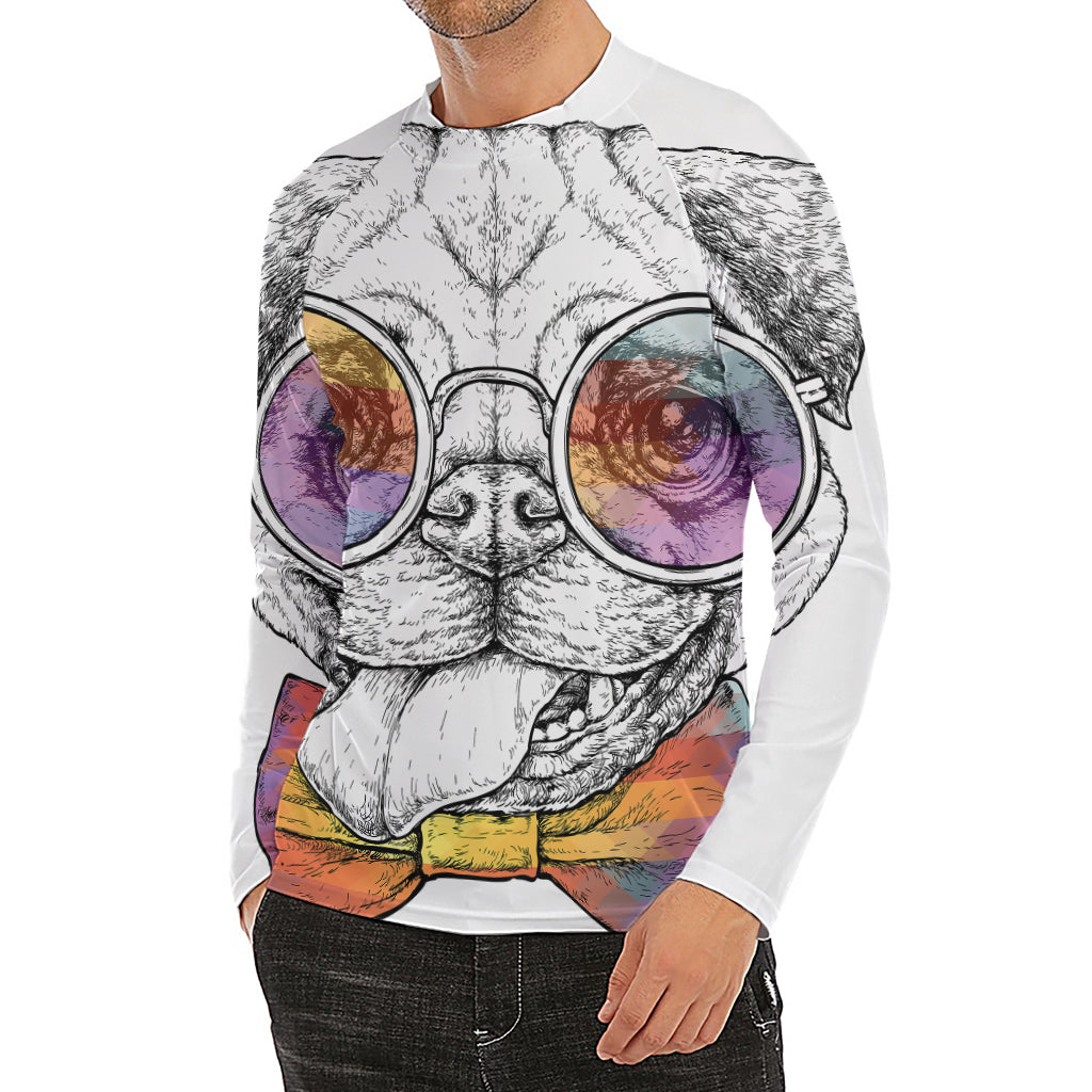 Hipster Pug Print Men's Long Sleeve Rash Guard
