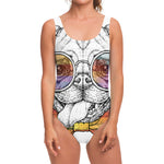 Hipster Pug Print One Piece Swimsuit