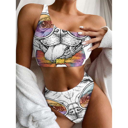 Hipster Pug Print One Shoulder Bikini Top