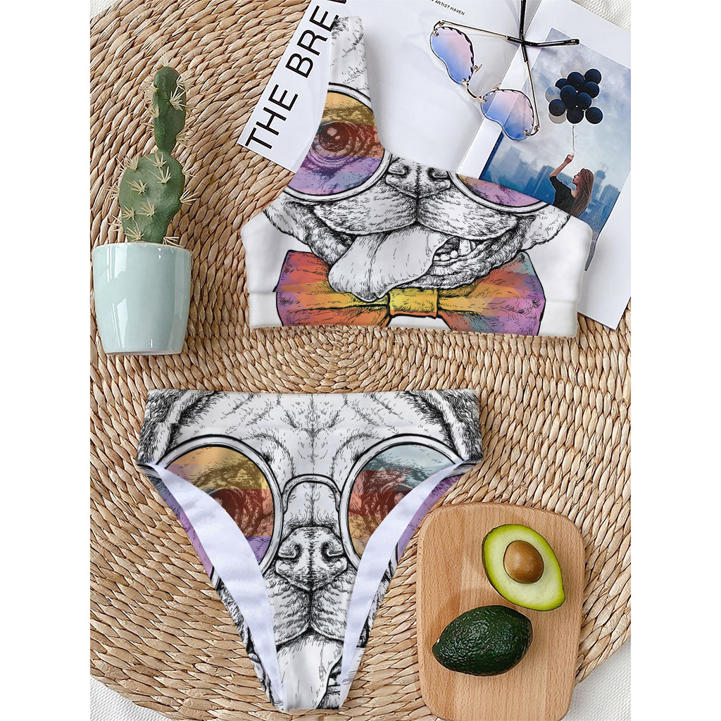 Hipster Pug Print One Shoulder Bikini Top