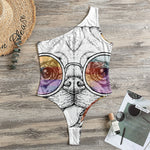 Hipster Pug Print One Shoulder Bodysuit