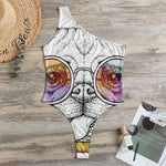 Hipster Pug Print One Shoulder Bodysuit