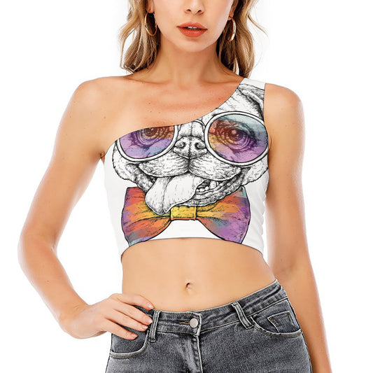 Hipster Pug Print One Shoulder Crop Top