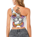 Hipster Pug Print One Shoulder Crop Top