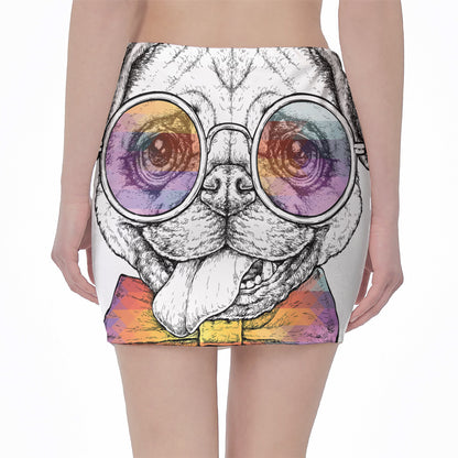 Hipster Pug Print Pencil Mini Skirt