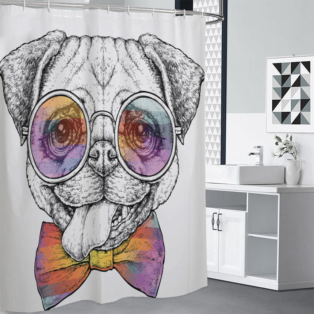 Hipster Pug Print Premium Shower Curtain