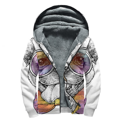 Hipster Pug Print Sherpa Lined Zip Up Hoodie