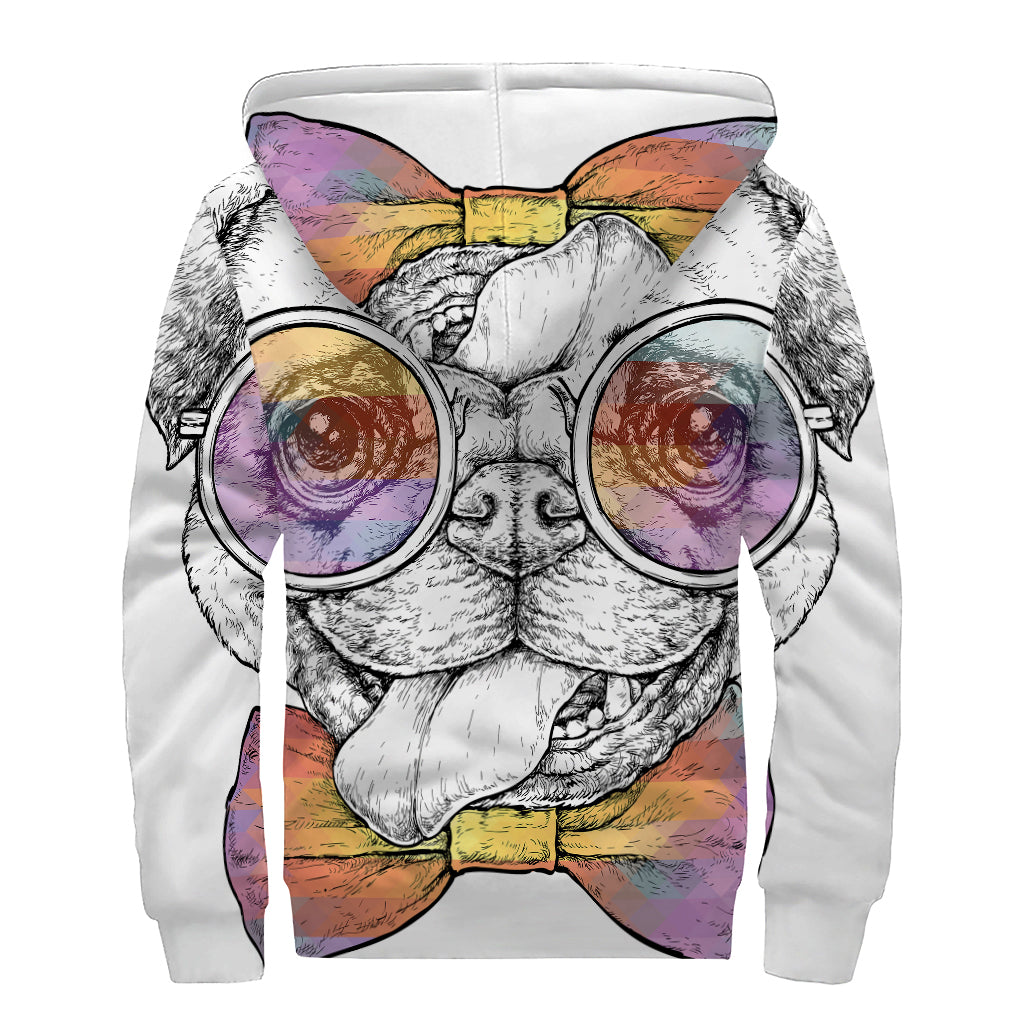 Hipster Pug Print Sherpa Lined Zip Up Hoodie