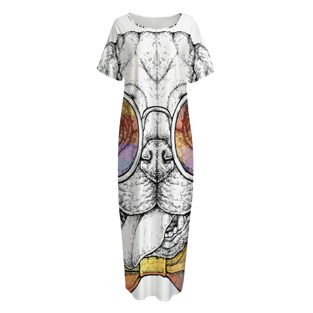 Hipster Pug Print Short Sleeve Long Nightdress