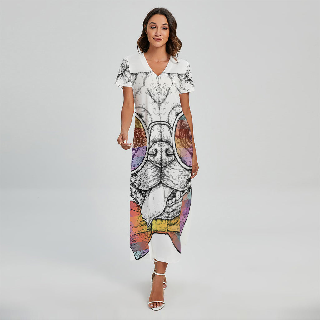 Hipster Pug Print Short Sleeve Maxi Dress
