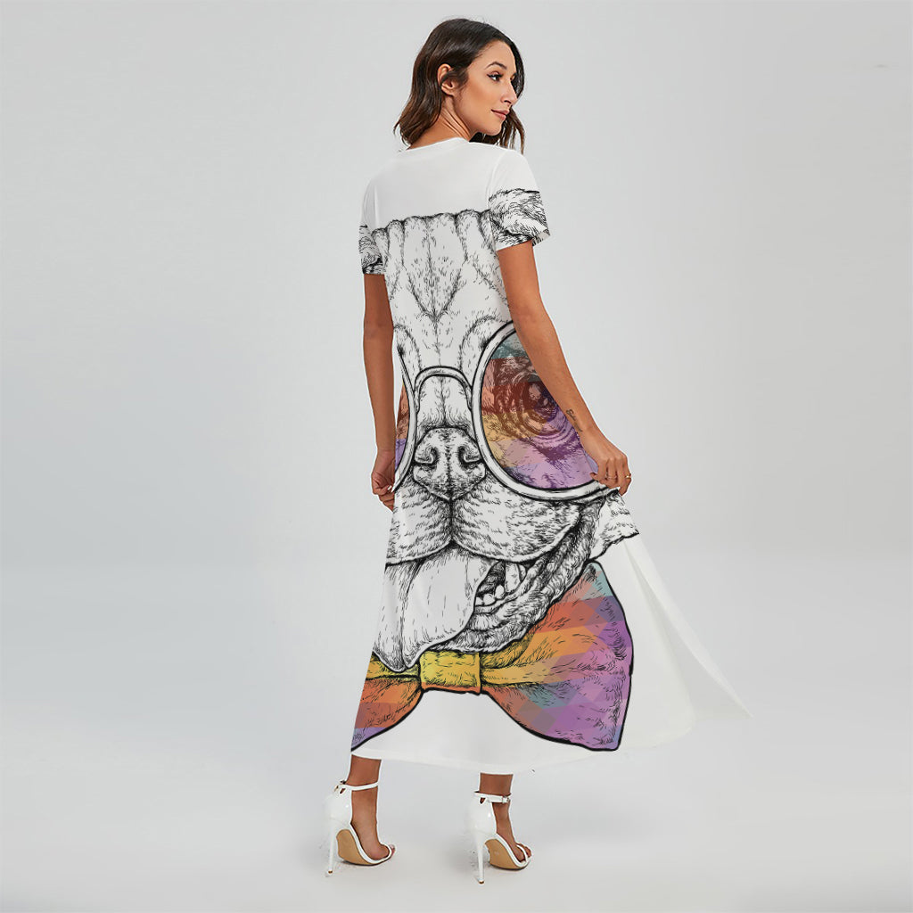 Hipster Pug Print Short Sleeve Maxi Dress