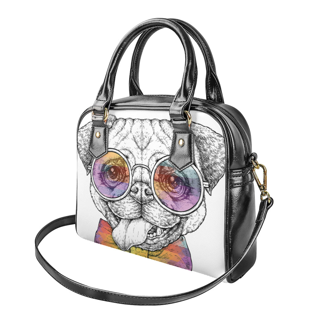 Hipster Pug Print Shoulder Handbag