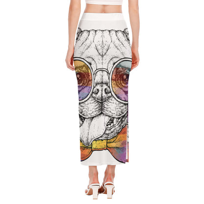 Hipster Pug Print Side Slit Maxi Skirt