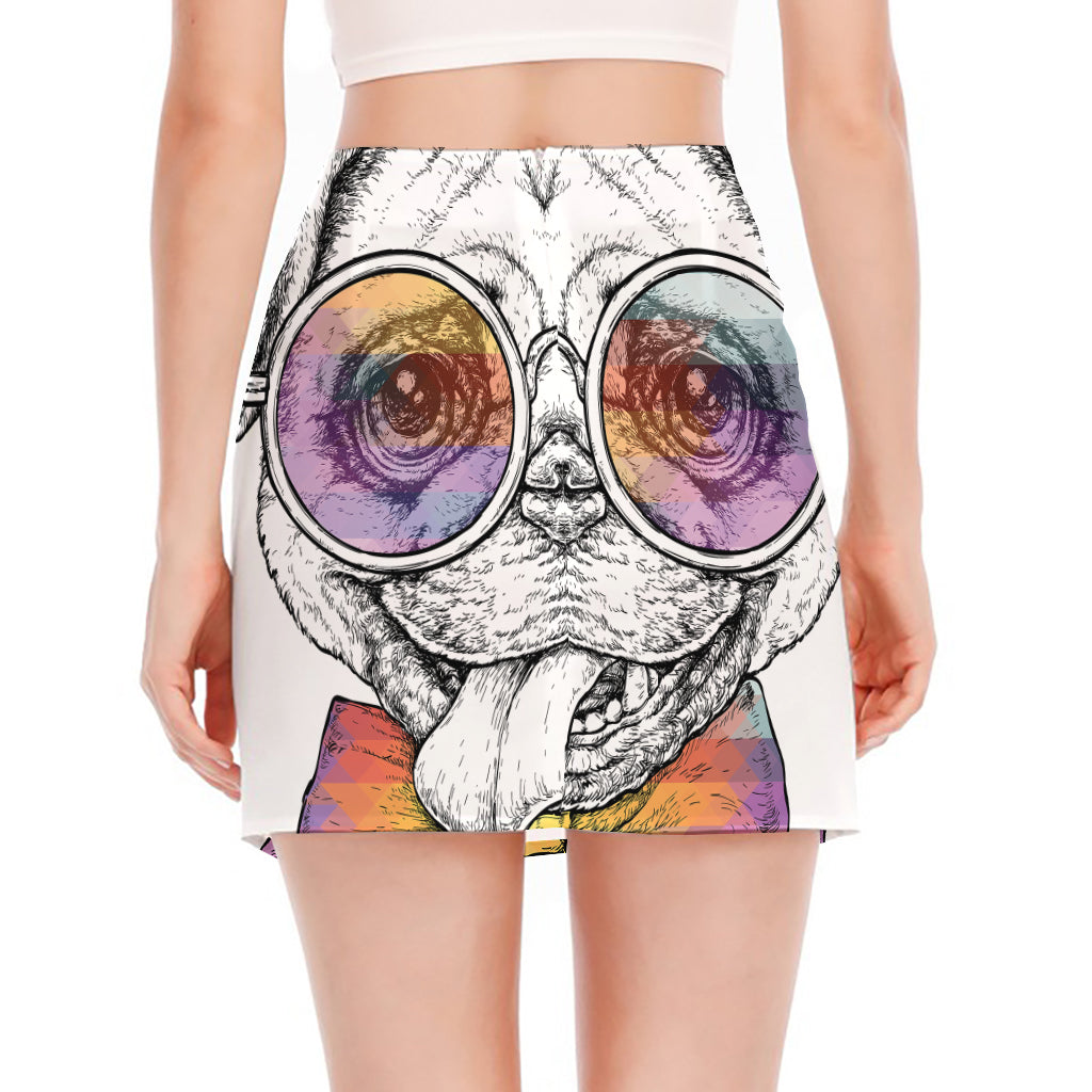 Hipster Pug Print Side Slit Mini Skirt