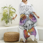 Hipster Pug Print Silk V-Neck Kaftan Dress