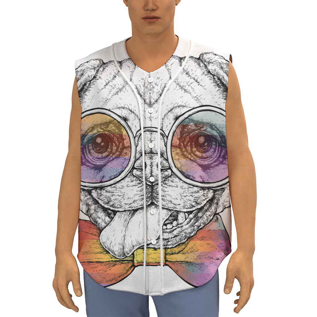 Hipster Pug Print Sleeveless Baseball Jersey