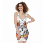 Hipster Pug Print Sleeveless Bodycon Dress