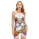 Hipster Pug Print Sleeveless One Piece Swimsuit