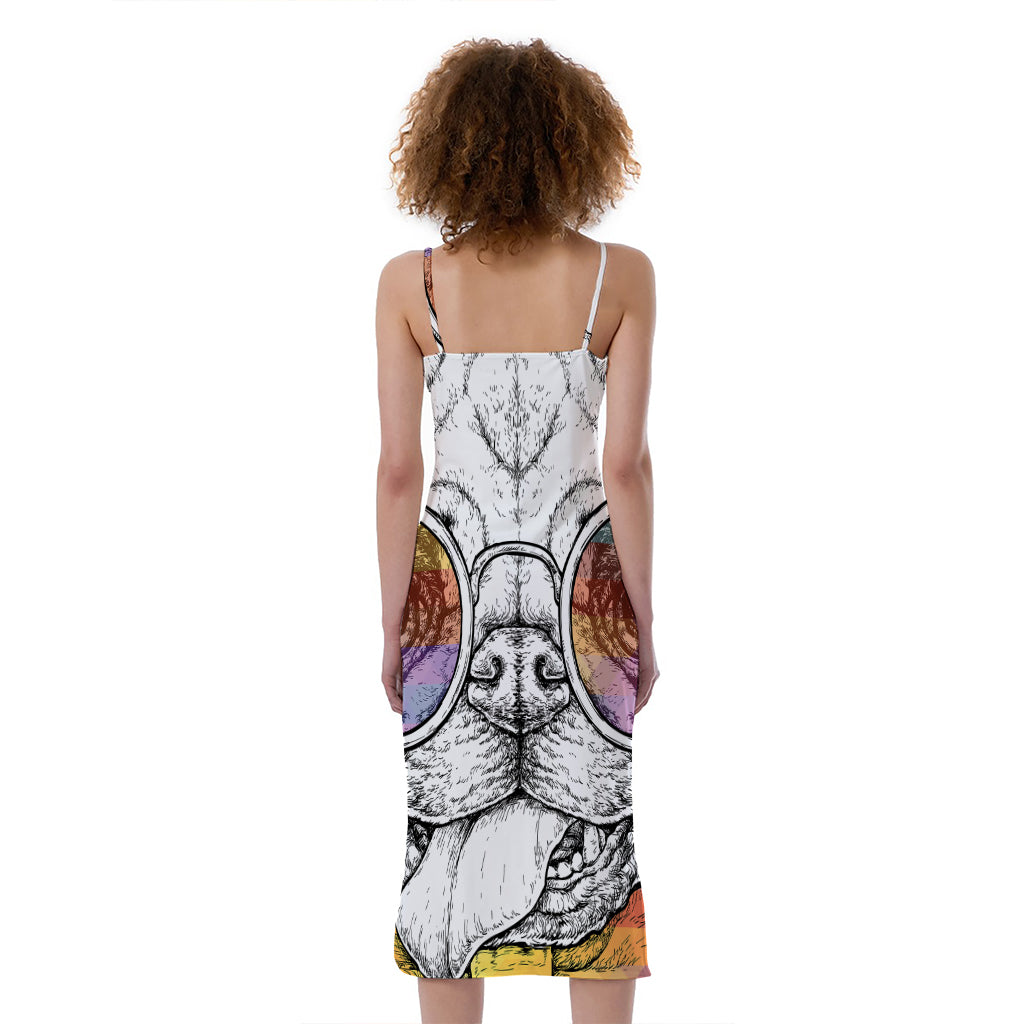 Hipster Pug Print Slim Fit Midi Cami Dress