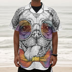 Hipster Pug Print Textured Short Sleeve Shirt
