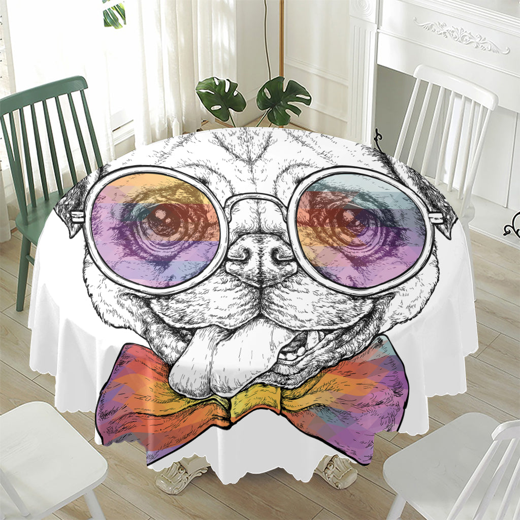 Hipster Pug Print Waterproof Round Tablecloth