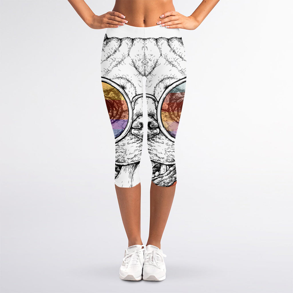 Hipster Pug Print Women's Capri Leggings