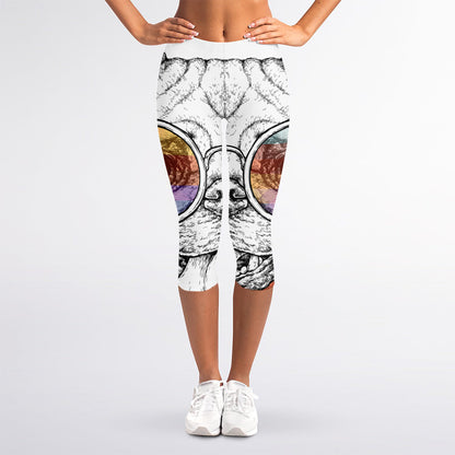 Hipster Pug Print Women's Capri Leggings