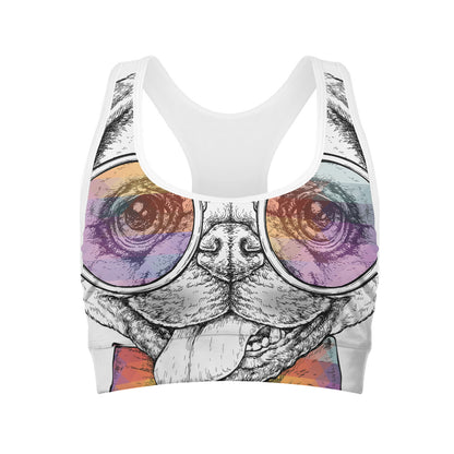 Hipster Pug Print Women's Sports Bra