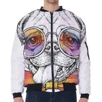 Hipster Pug Print Zip Sleeve Bomber Jacket