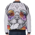 Hipster Pug Print Zip Sleeve Bomber Jacket