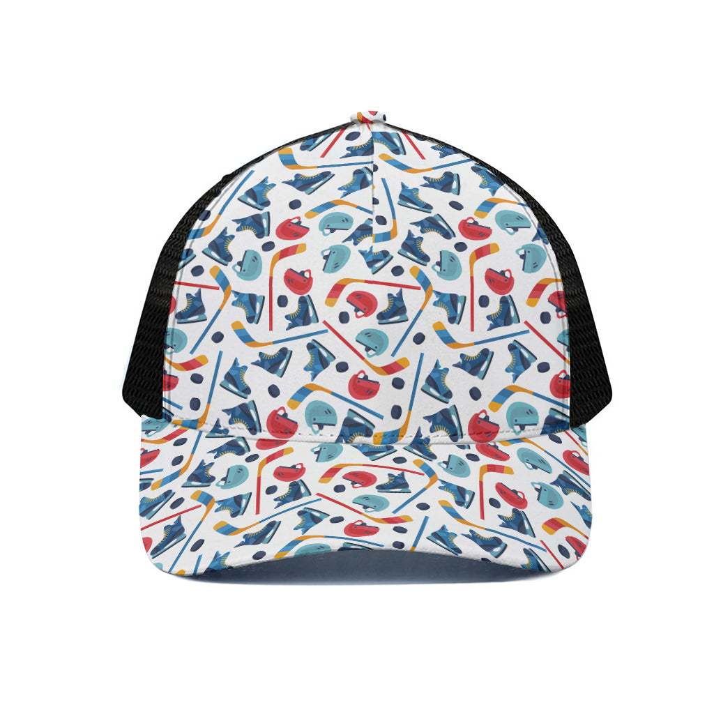 Hockey Equipment Pattern Print Black Mesh Trucker Cap