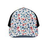 Hockey Equipment Pattern Print Black Mesh Trucker Cap