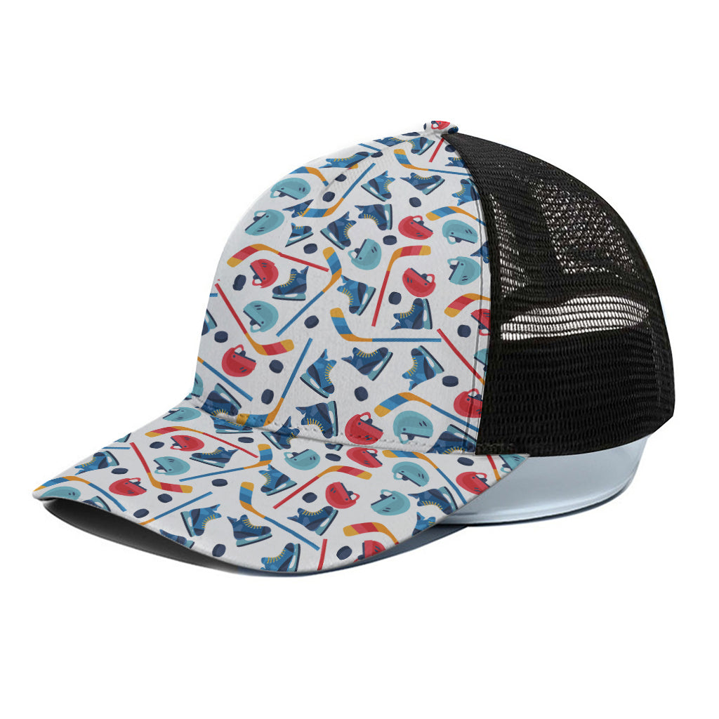 Hockey Equipment Pattern Print Black Mesh Trucker Cap
