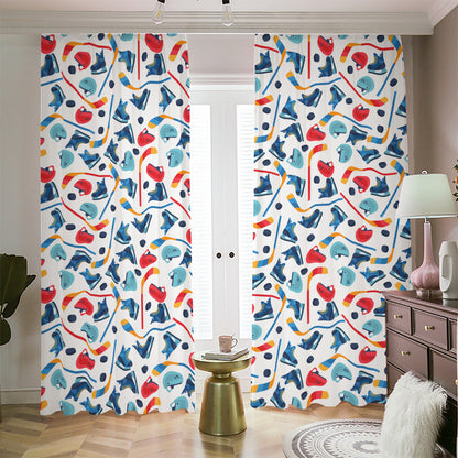 Hockey Equipment Pattern Print Blackout Pencil Pleat Curtains