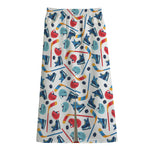 Hockey Equipment Pattern Print Cotton Front Slit Maxi Skirt