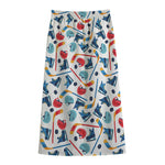 Hockey Equipment Pattern Print Cotton Front Slit Maxi Skirt