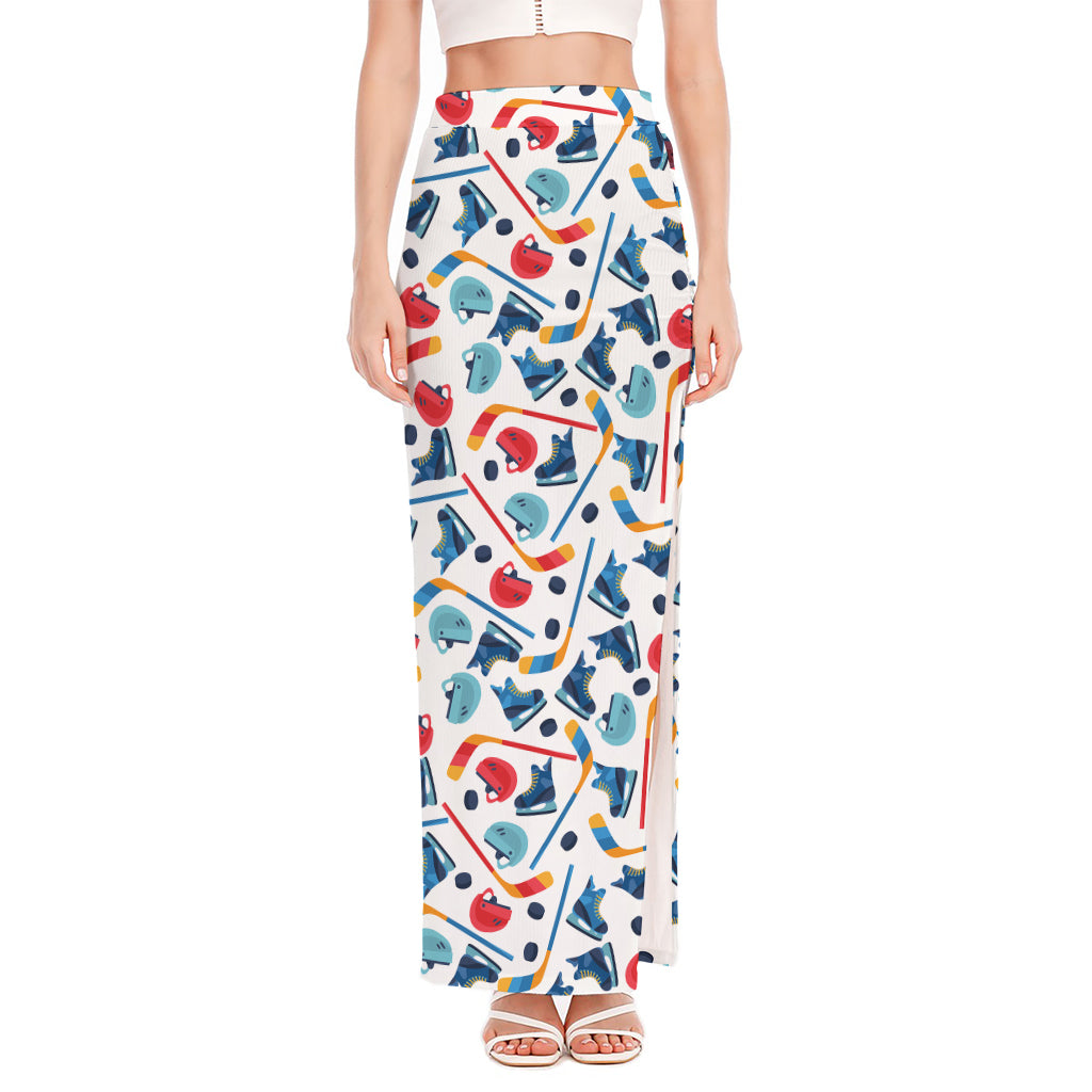 Hockey Equipment Pattern Print High Slit Maxi Skirt