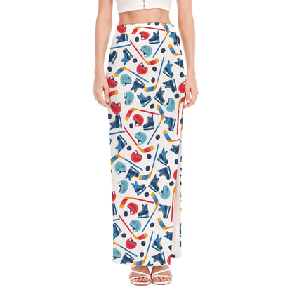 Hockey Equipment Pattern Print High Slit Maxi Skirt