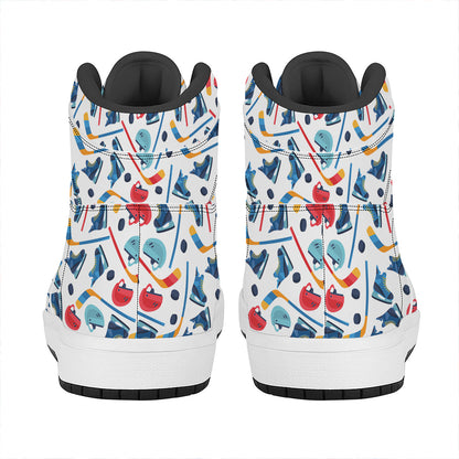 Hockey Equipment Pattern Print High Top Leather Sneakers