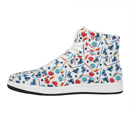 Hockey Equipment Pattern Print High Top Leather Sneakers