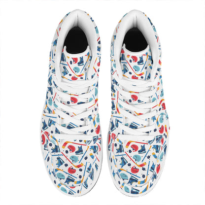 Hockey Equipment Pattern Print High Top Leather Sneakers