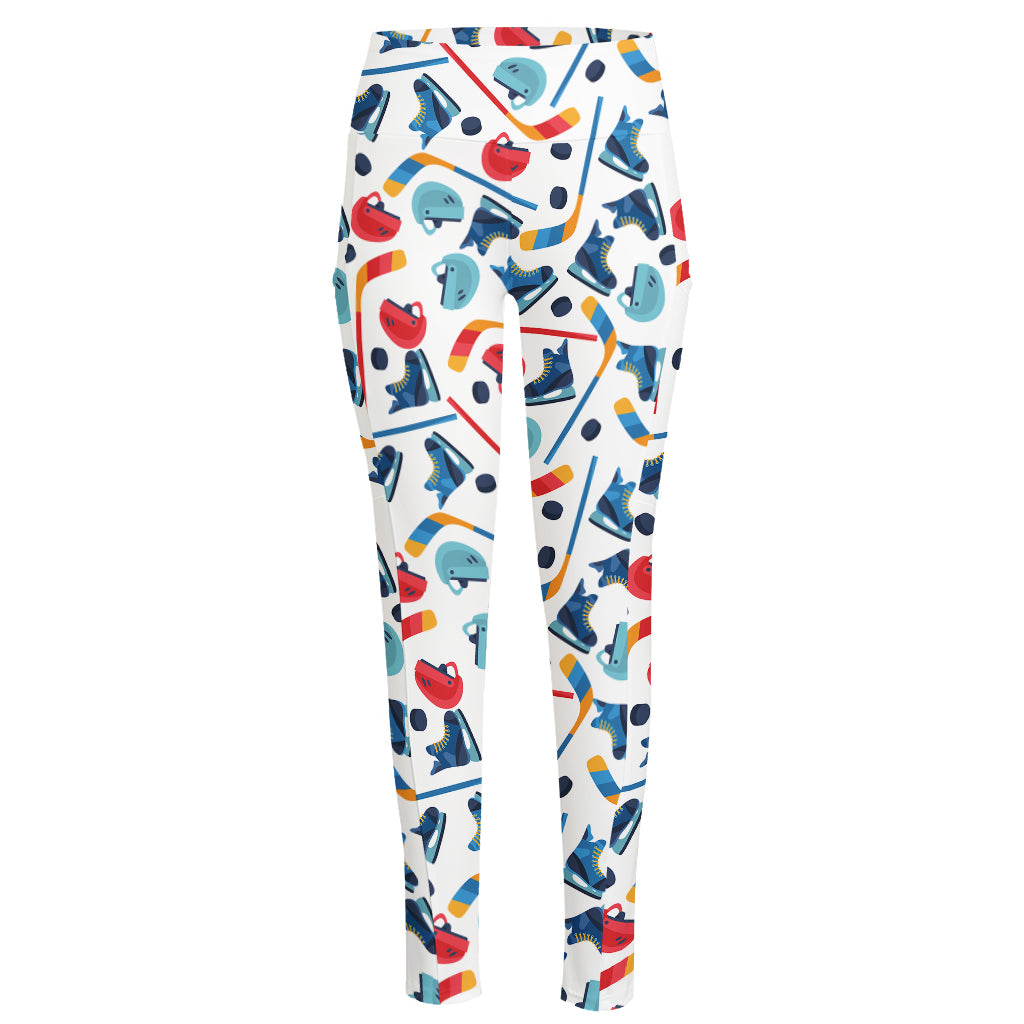Hockey Equipment Pattern Print High-Waisted Pocket Leggings