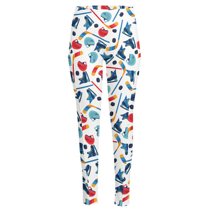 Hockey Equipment Pattern Print High-Waisted Pocket Leggings