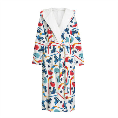 Hockey Equipment Pattern Print Hooded Bathrobe