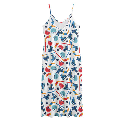 Hockey Equipment Pattern Print Jersey Midi Cami Dress