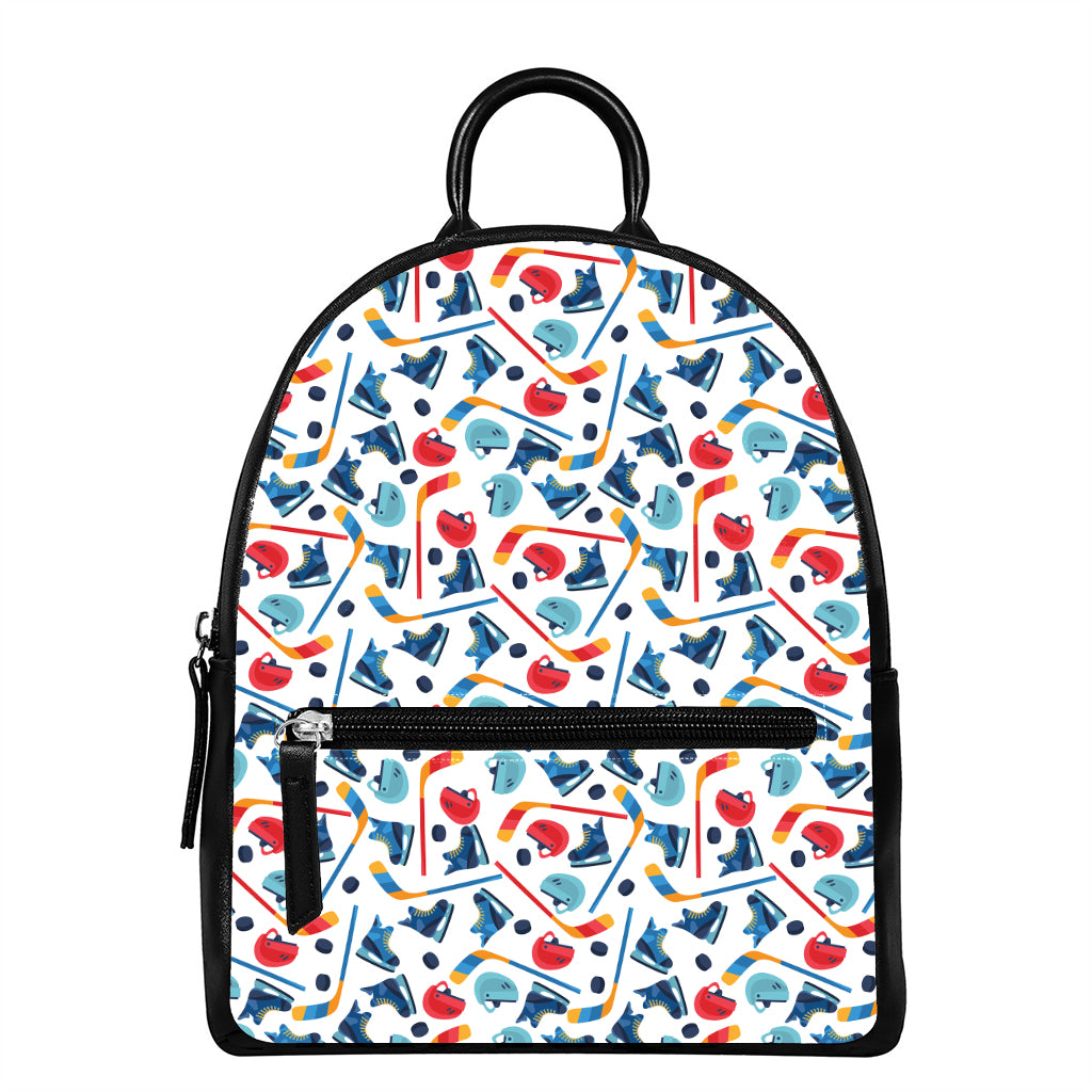 Hockey Equipment Pattern Print Leather Backpack