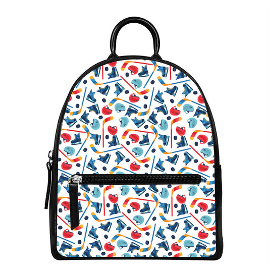 Hockey Equipment Pattern Print Leather Backpack