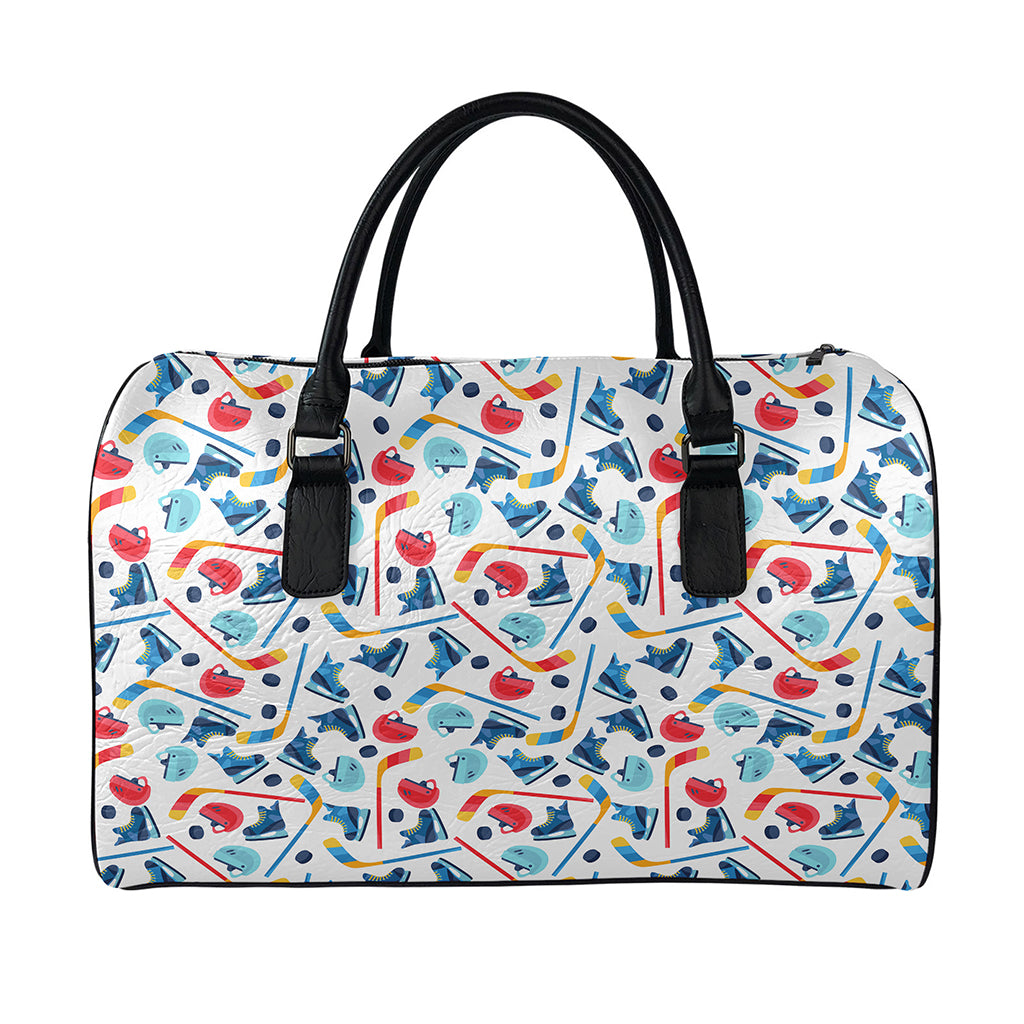 Hockey Equipment Pattern Print Leather Duffle Bag